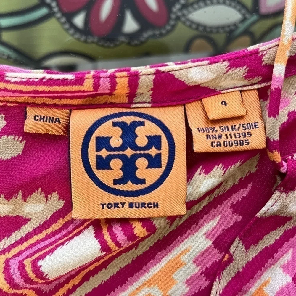 Tory Burch Geometric Silk Long Sleeve Blouse, Pink & Orange, Size 4